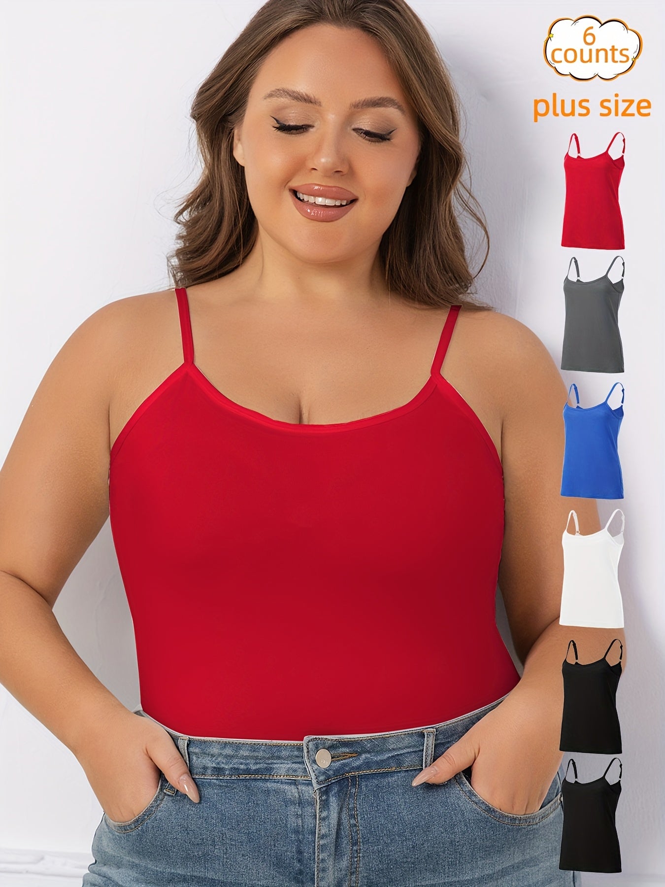 Women's Summer Camisoles Pack of 6 Solid Color Adjustable Straps Plus Size