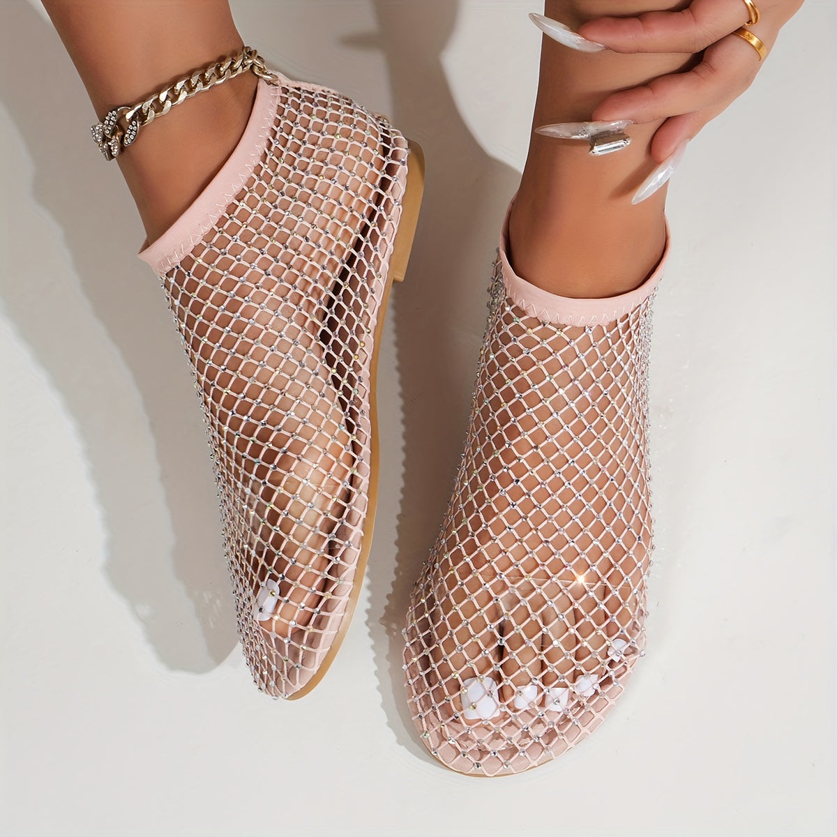 Women's Rhinestone Pattern Slip-On Flat Sandals with Hollow Out Design for Summer Beach Wear