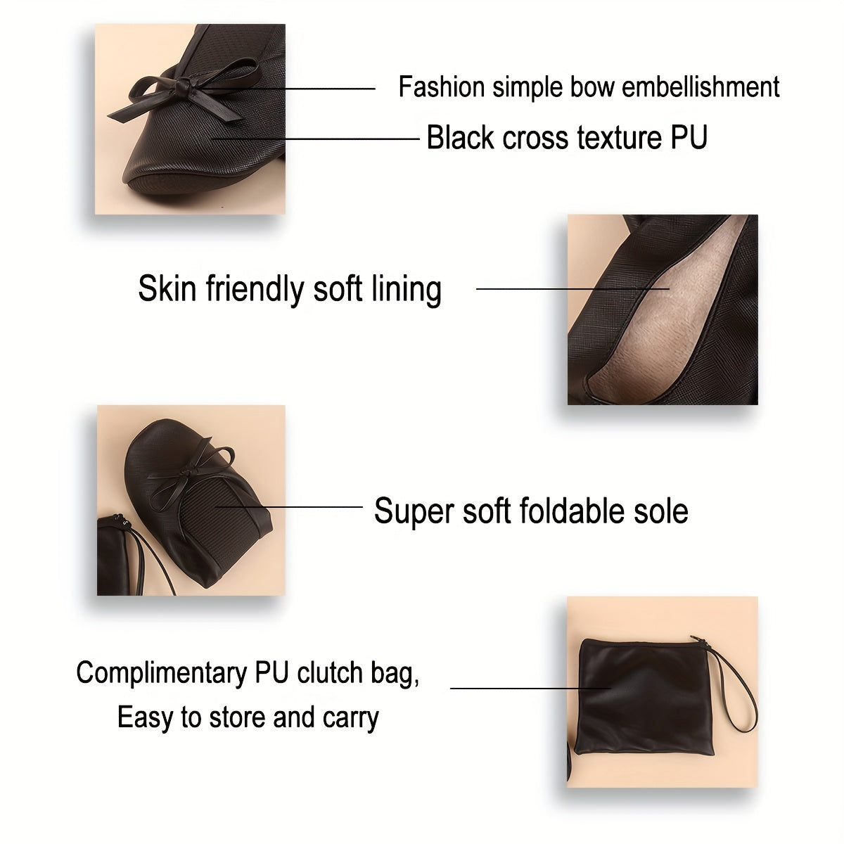 Women's Lightweight Foldable Dance Shoes with Bow, Slip-On PU Cover TPR Sole