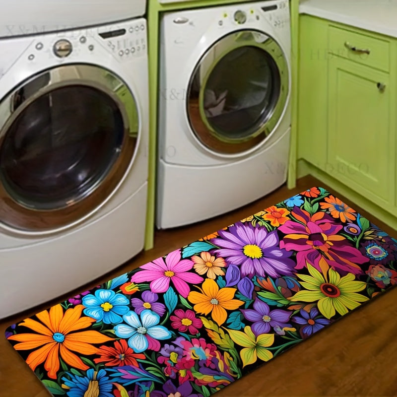 Vibrant Floral Kitchen Mat 0.8mm Thick Soft Polyester for Laundry Bathroom Living Room