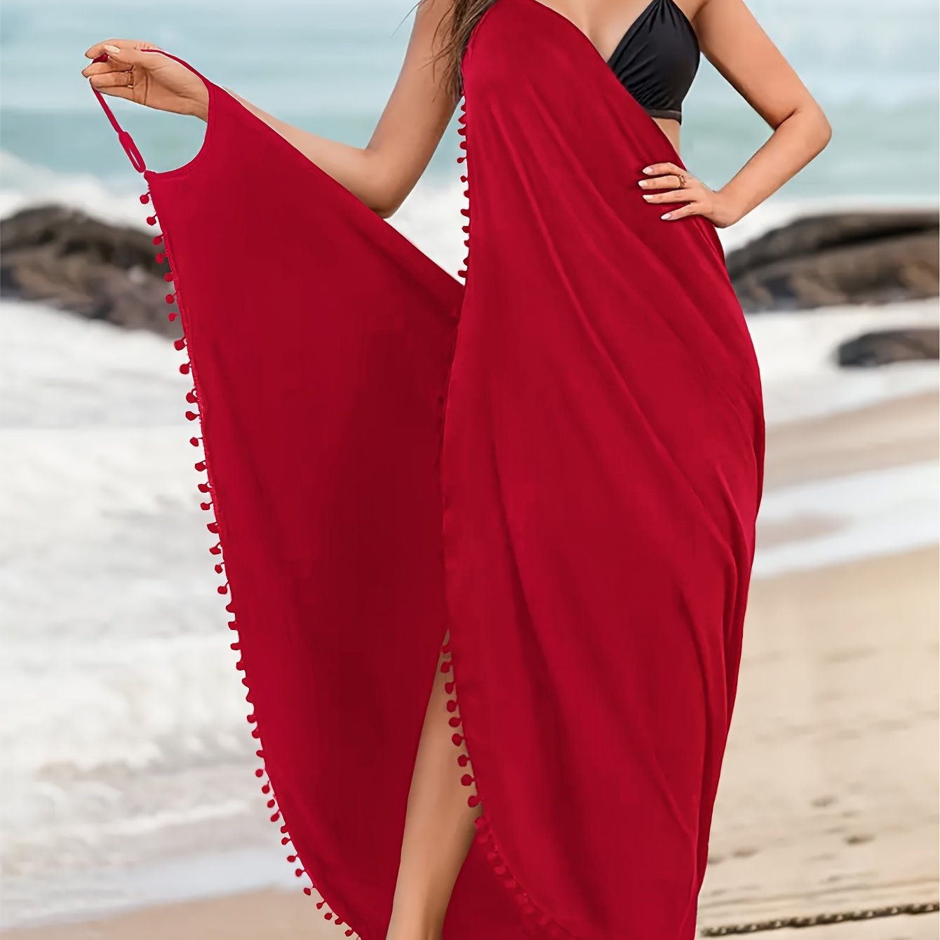 Maxi Beach Cover-Up Dress with Pom-Pom Decor V-Neck Backless Wrap Hem for Women