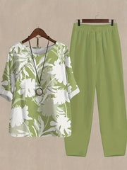 Women's Floral Print Two-Piece Outfit with Crew Neck Top and Elastic Waist Pants