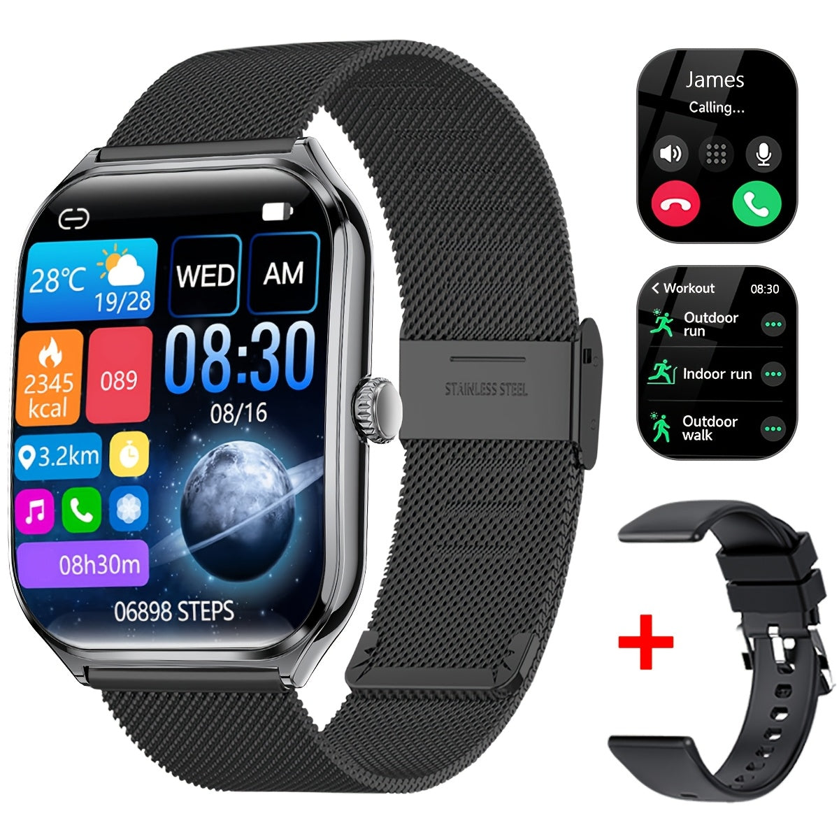 Ultra-Thin Smartwatch with Full Touch Display Dual Screen USB Charging Stainless Steel Case Fitness Tracking Calls Messages Music Control for Android iPhone