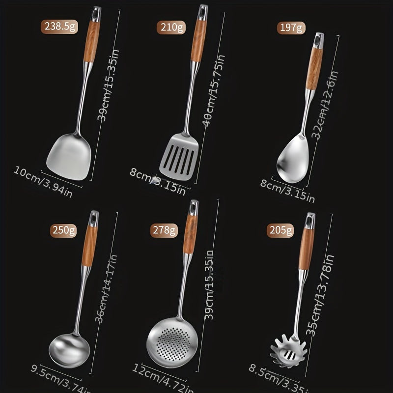 7-Piece Stainless Steel Kitchen Cookware Set with Wooden Handles and Stand