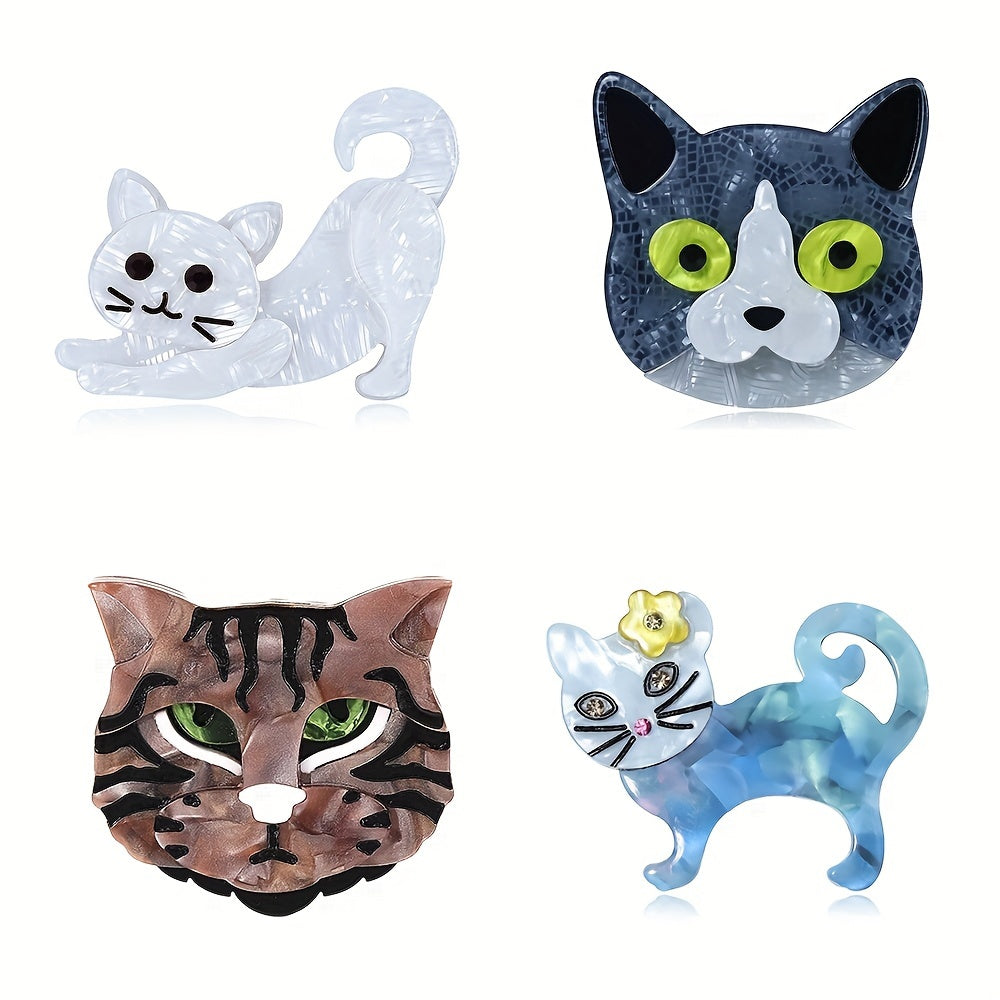Acrylic Cat Brooch White Gray Blue Floral Design Handmade Jewelry for Women