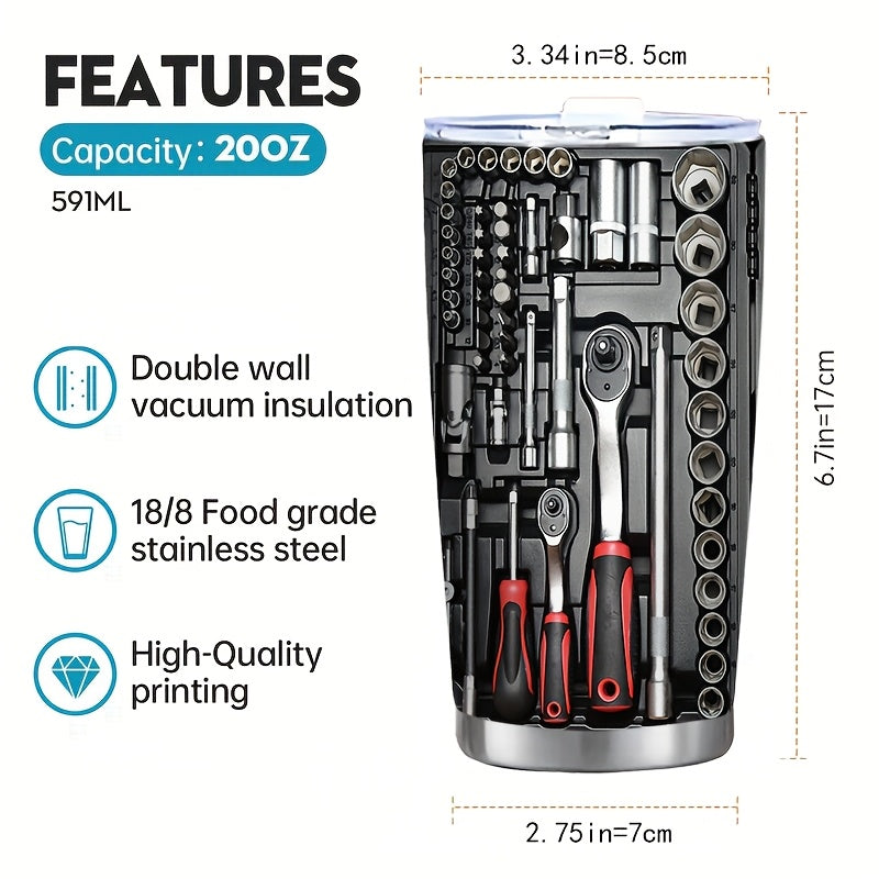 20oz Stainless Steel Travel Mug with Toolbox Design Double-Walled Insulated Coffee Cup with Lid for On-the-Go