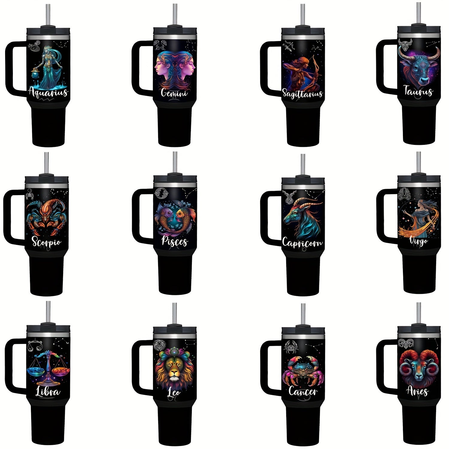 Vaso de acero inoxidable Zodiac de 40oz con asa y pajilla, a prueba de fugas, libre de BPA, taza de café de astrología para hombres y mujeres