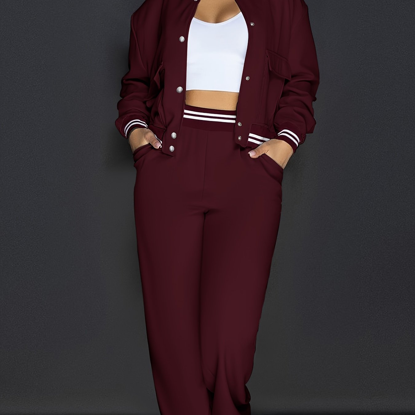 Conjunto de dos piezas para mujer, top corto y chaqueta bomber, pantalones rectos con bolsillos, poliéster elastano, vacaciones, primavera y otoño