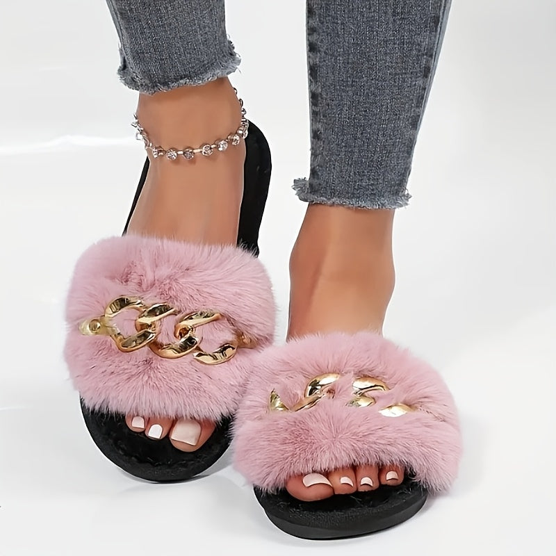 Women’s Faux Fur Slip-On Slides with Chain Link Detail and TPR Sole