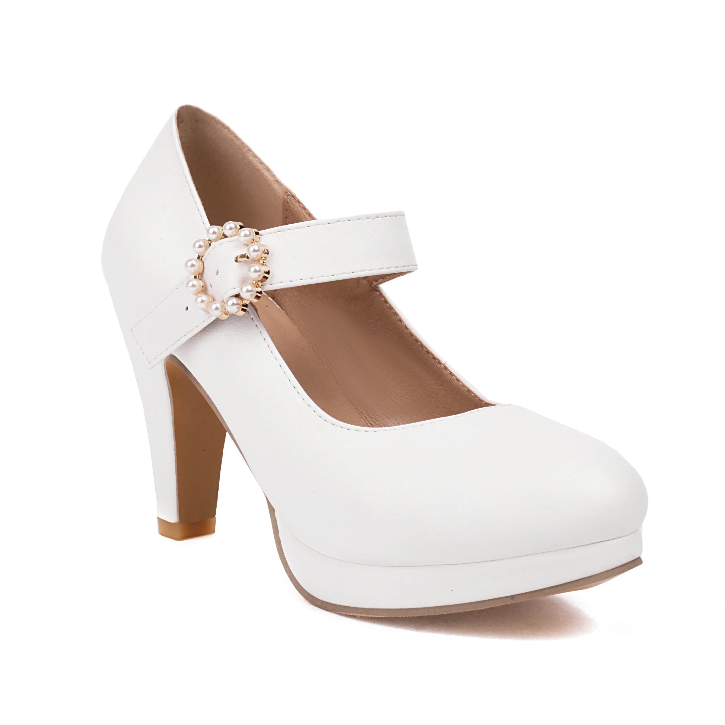 Women's Pearl Buckle Ankle Strap Pumps Solid Color Round Toe Block Heels