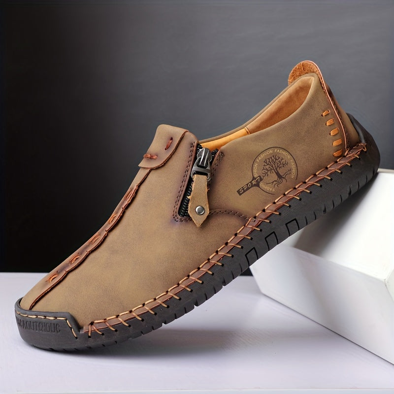 Men's Leather Zipper Loafers Slip-On Casual Shoes for Spring Summer Non-Slip Round Toe