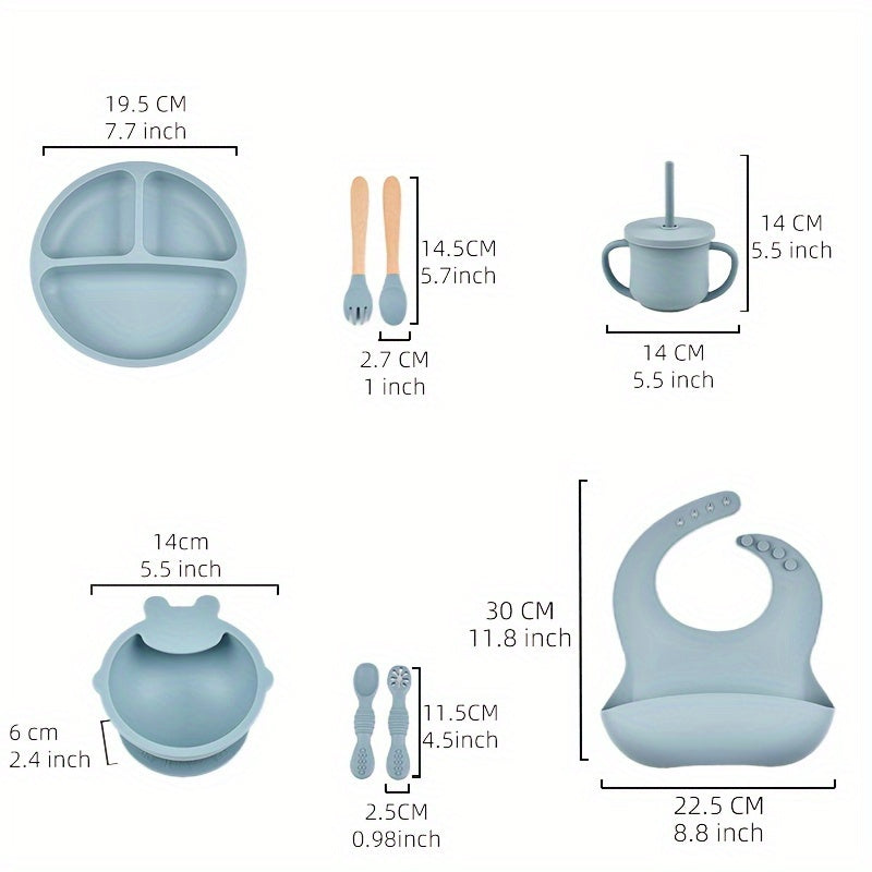 Silicone Toddler Dinnerware Set 8 Pieces Includes Plate Bowl Spoon Fork Straw Cup Bib BPA-Free Non-Toxic Dishwasher Safe for Ages 0-3