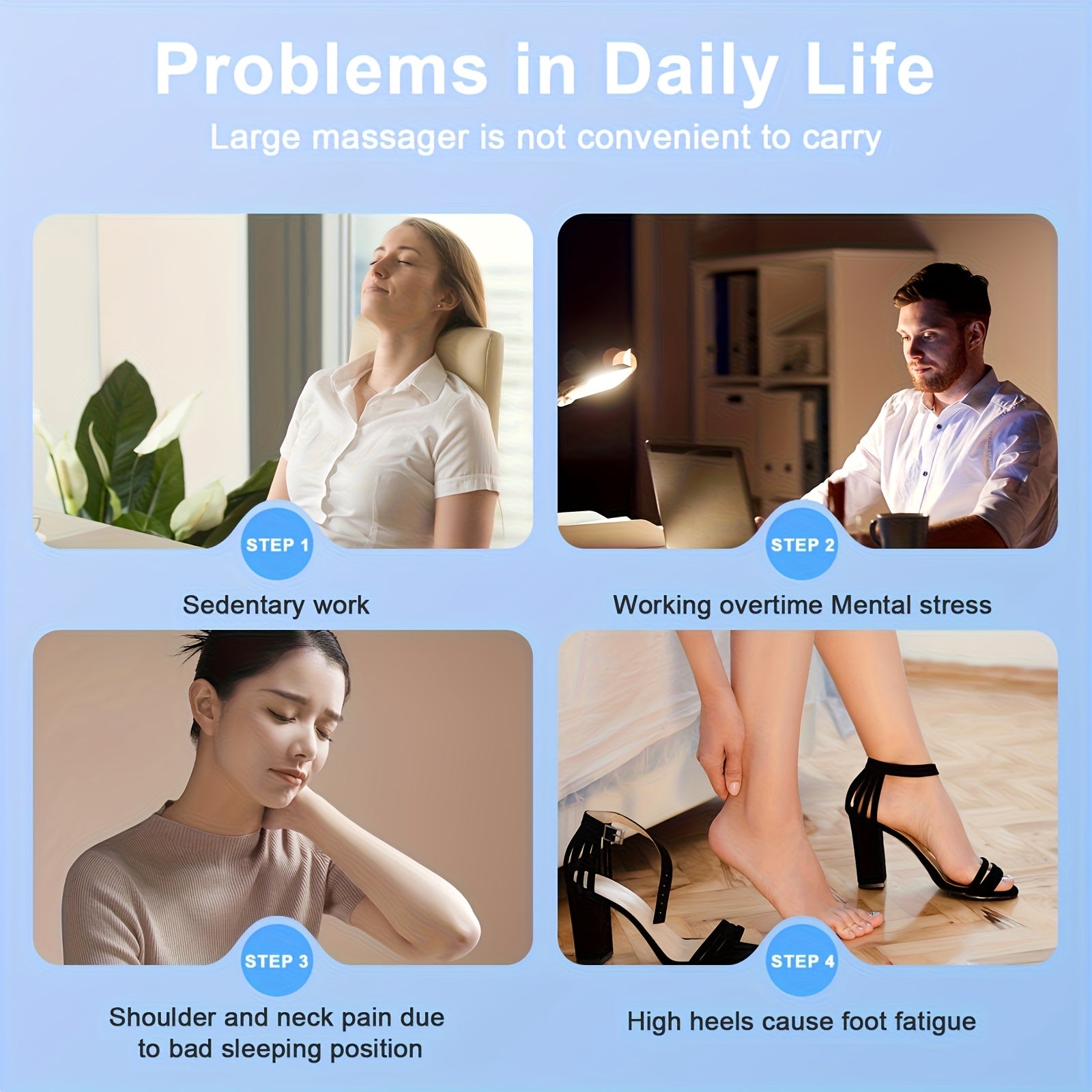 Ushbu ixcham, engil qurilma charchoqni bartaraf etish uchun tinchlantiruvchi massajni taqdim etadi. U qayta ishlatiladigan padlar va saqlash qutisini o'z ichiga oladi, bu esa uni turli qurilmalar uchun mos qiladi. Bu ideal sovg'a hisoblanadi