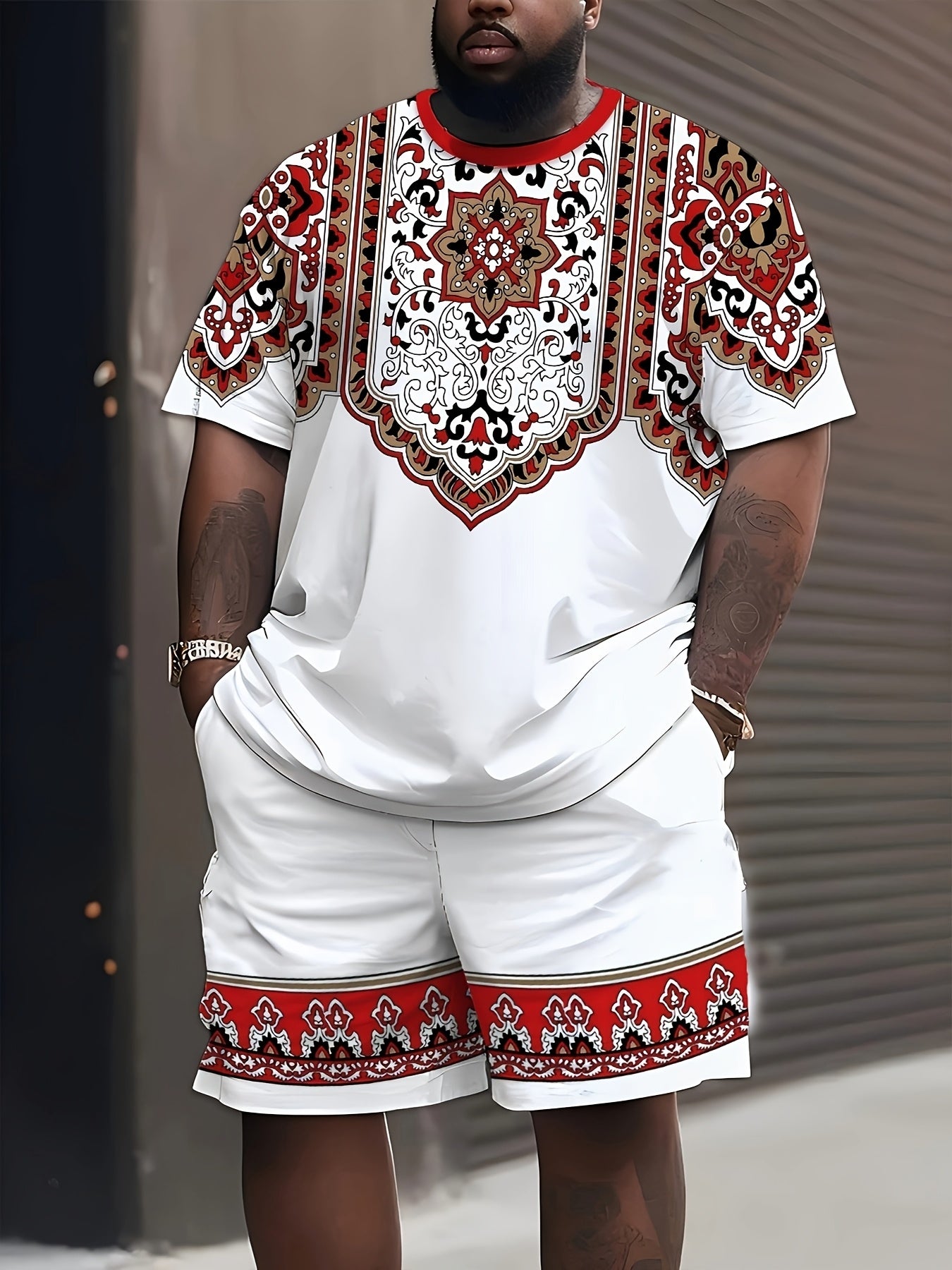 Men's Plus Size Ethnic Print T-Shirt and Shorts Set Casual Sporty Polyester Blend