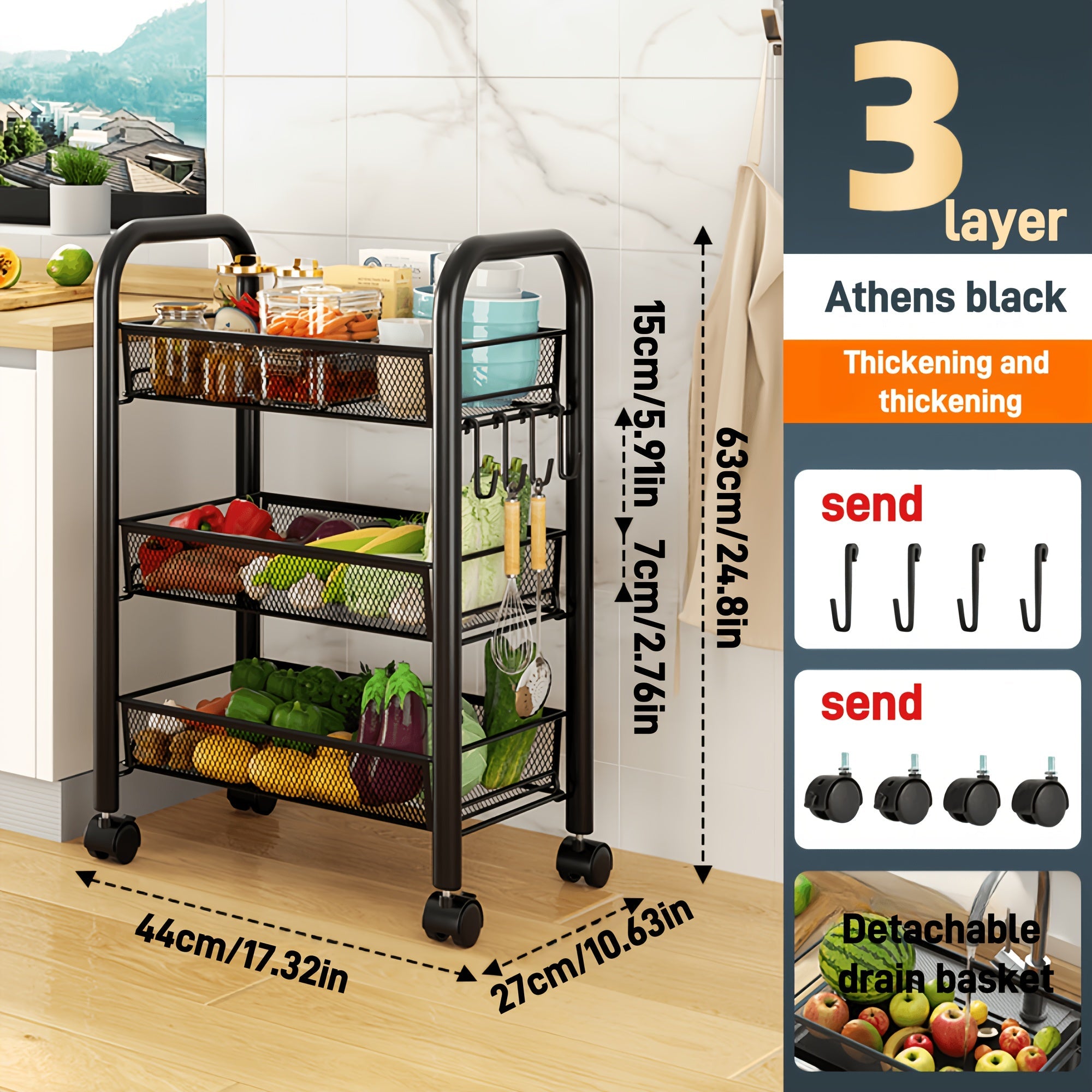 Black Mesh Rolling Wire Cart with Lockable Wheels and Metal Baskets for Kitchen Office Storage