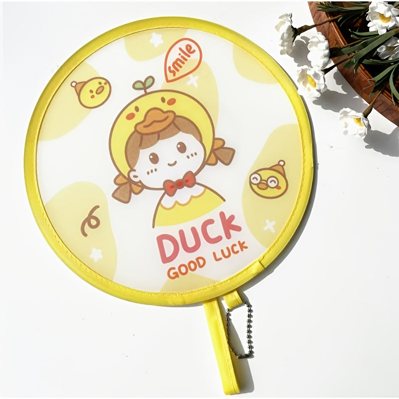 Spring-Themed Folding Hand Fan with Cartoon Ducks Flowers and Girls Durable Portable