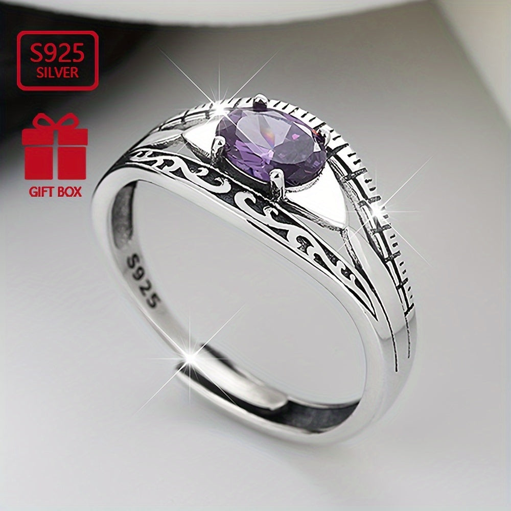 Sterling Silver Ring with Purple Zircon Inlay Adjustable Jewelry for Women