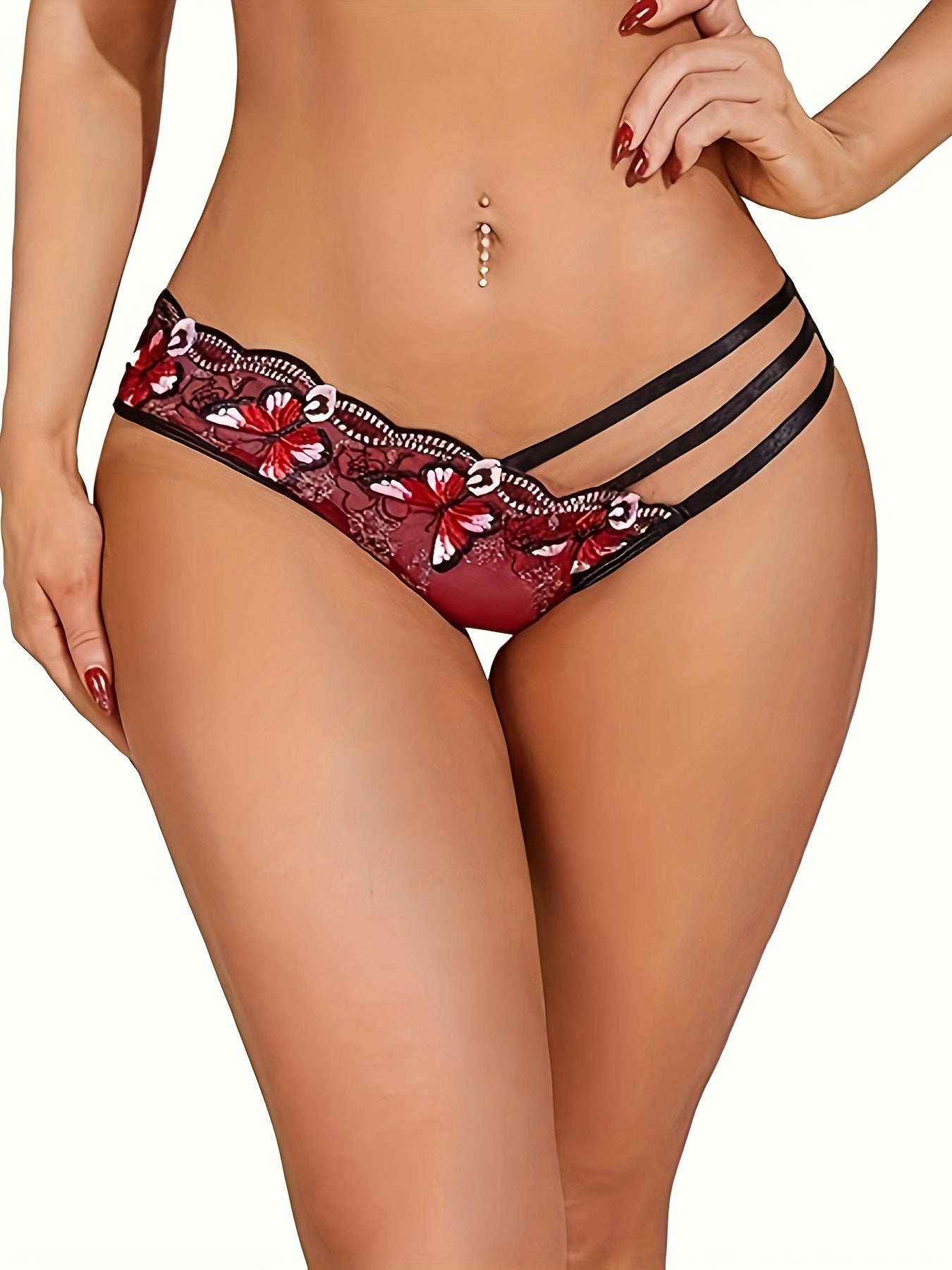 Women's Floral Lace Trim Thong Panties Low-Rise Sexy Lingerie