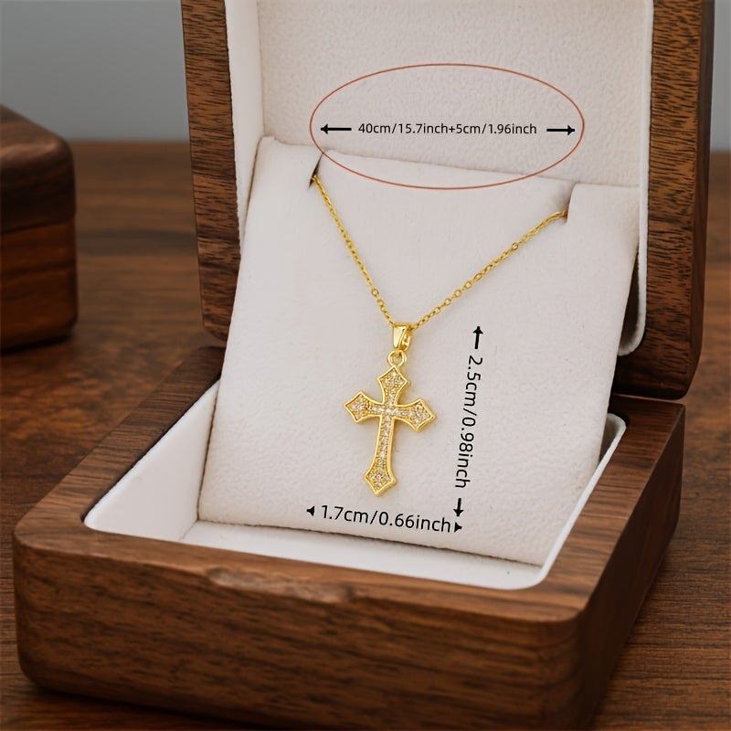 Unisex 18K Gold Plated Titanium Steel Cross Pendant Necklace Rhinestones Adjustable Clavicle Chain