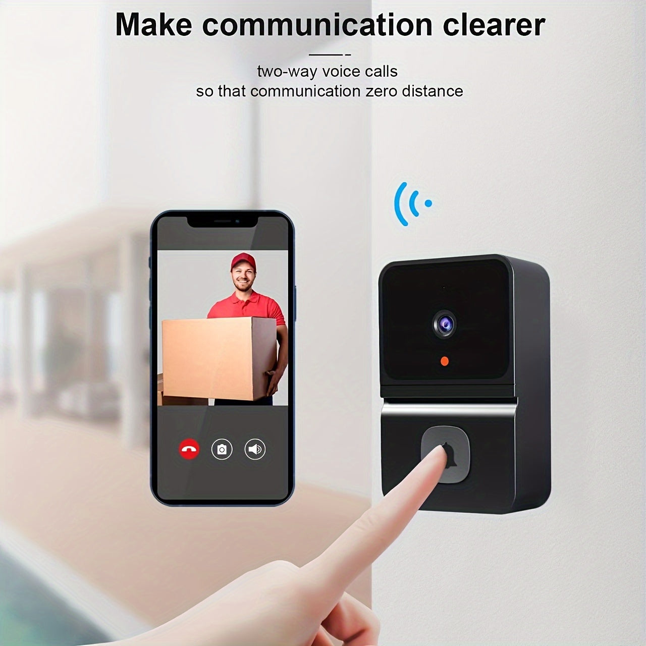 Wireless Smart WiFi Doorbell with Night Vision Two-Way Audio Rechargeable Battery Black