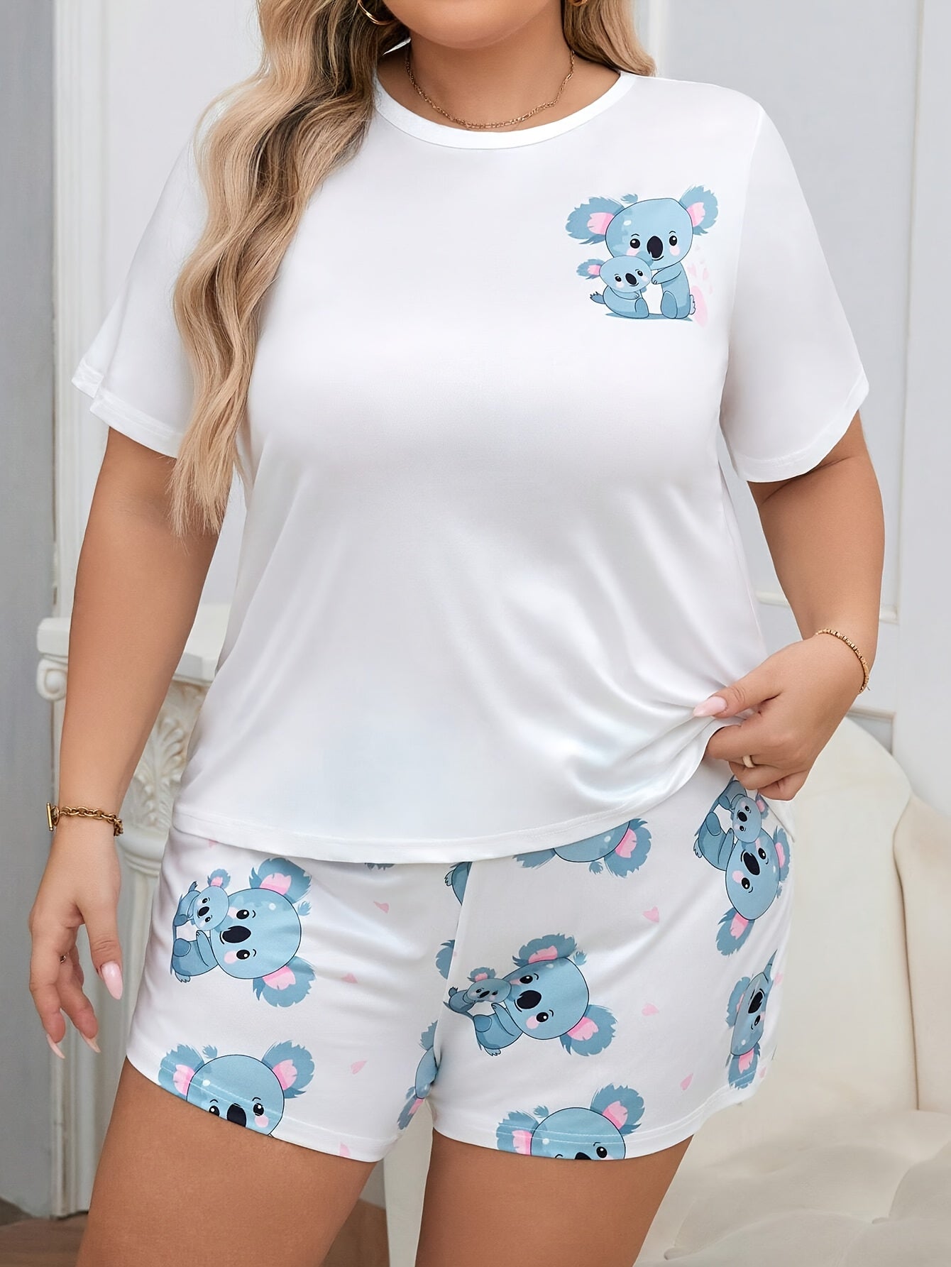 Plus Size Women's Cartoon Koala Print Lounge Sleepwear Set Short Sleeve Shorts