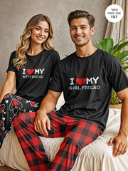 Men's and Women's Couple Pajama Set with "I Love My Girlfriend" T-Shirt and Red Checkered Pants