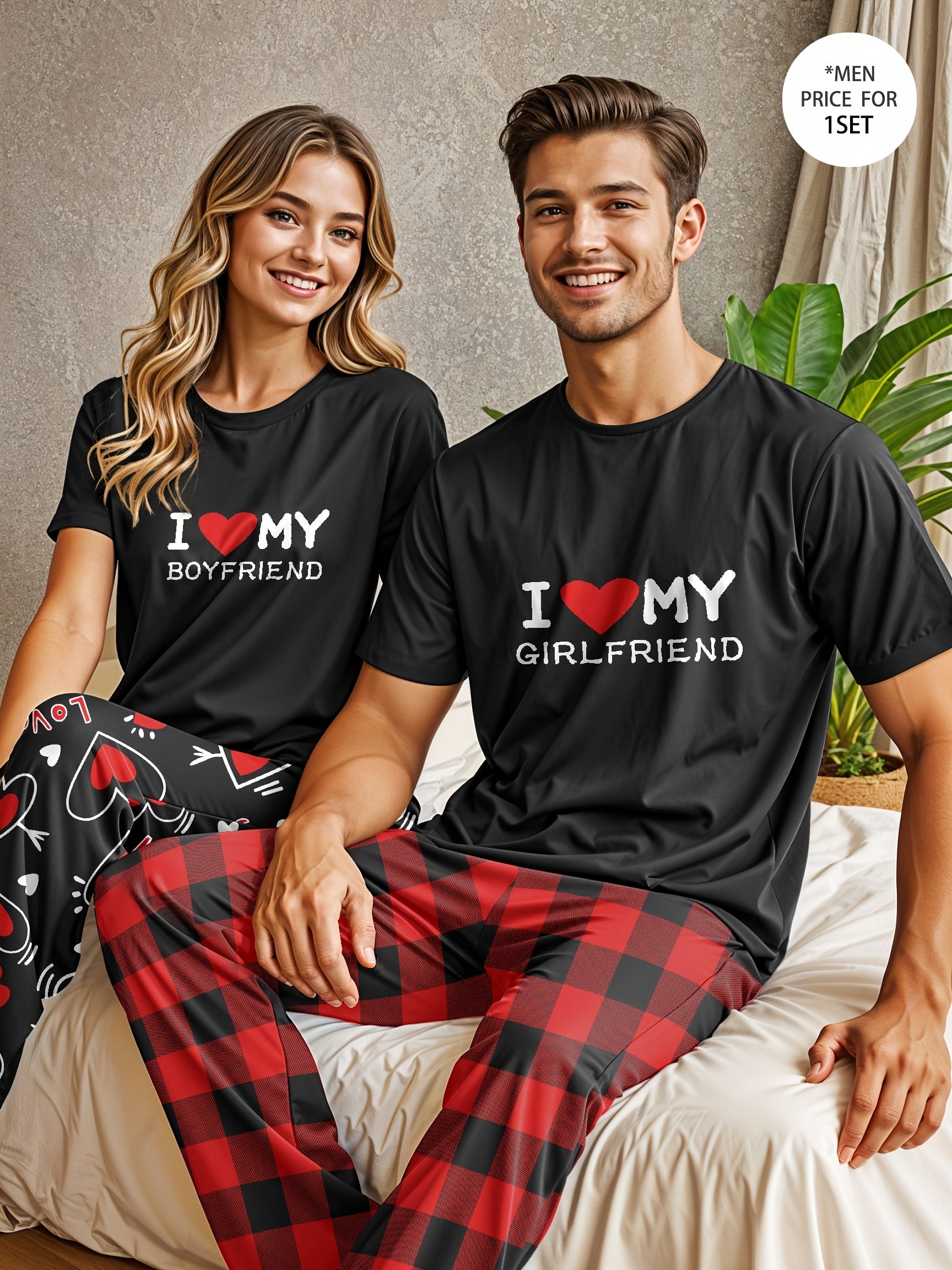 Men's and Women's Couple Pajama Set with "I Love My Girlfriend" T-Shirt and Red Checkered Pants