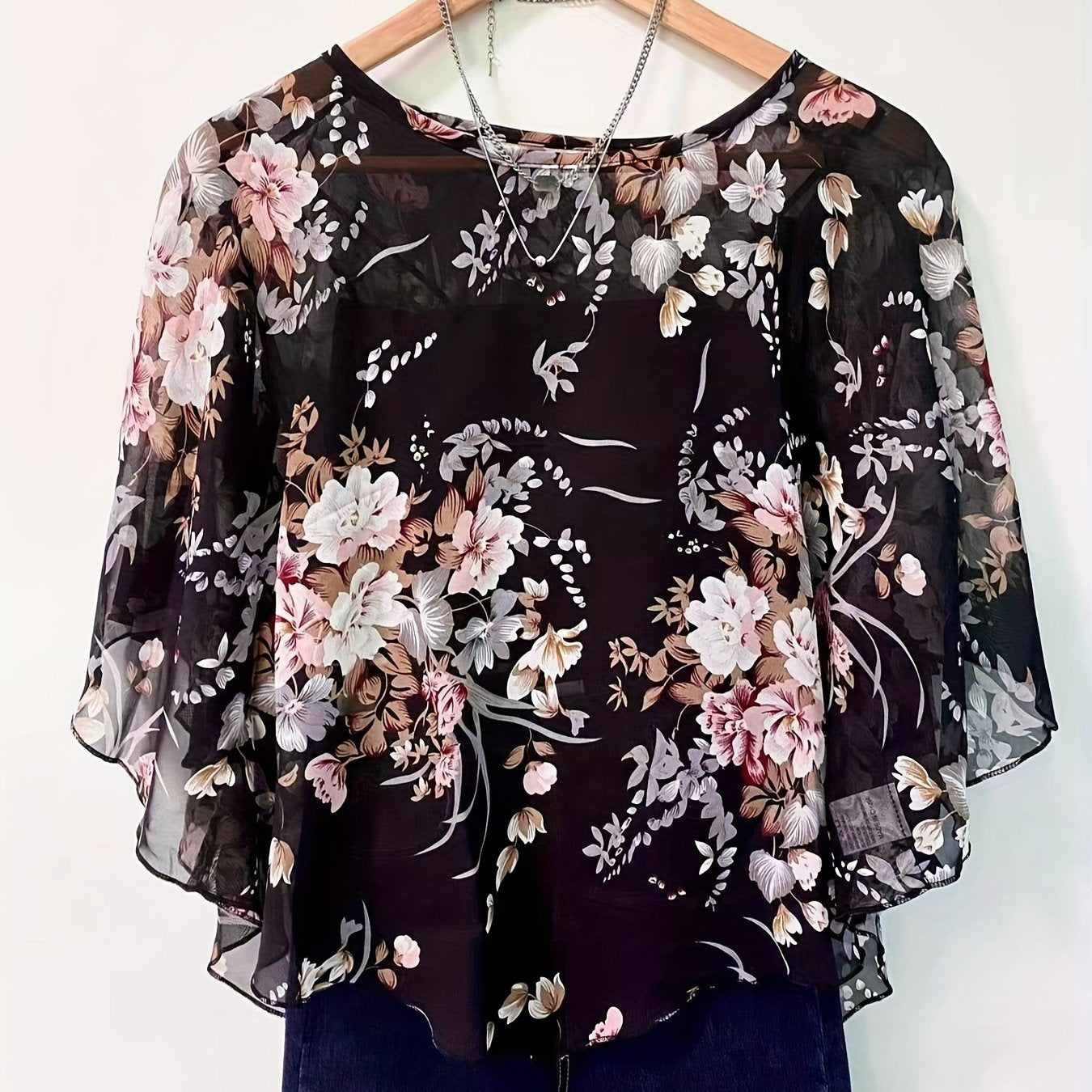 Floral Print Asymmetrical Blouse for Women Sheer Sleeves Sun Protection Beachwear