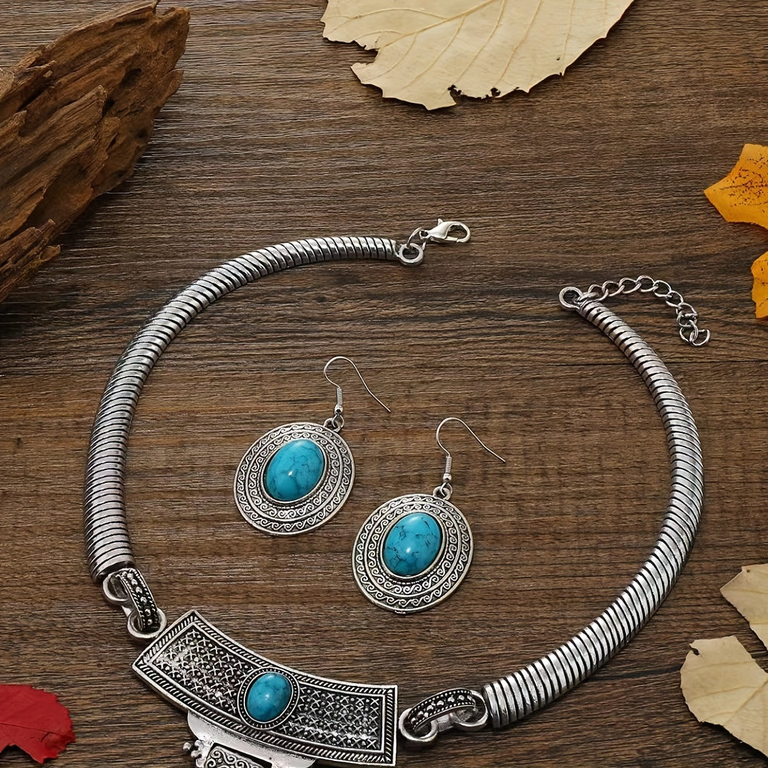 Boho Style Jewelry Set with Gemstone Inlays and Retro Carving Earrings Necklace for Daily or Party Wear