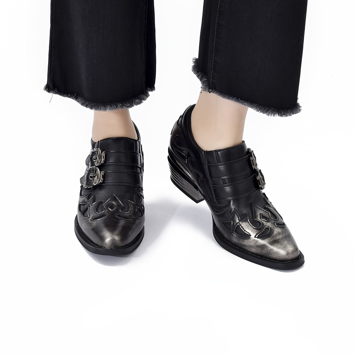 Women's Silver Brushed Retro British Style Ankle Boots with Flame Decoration