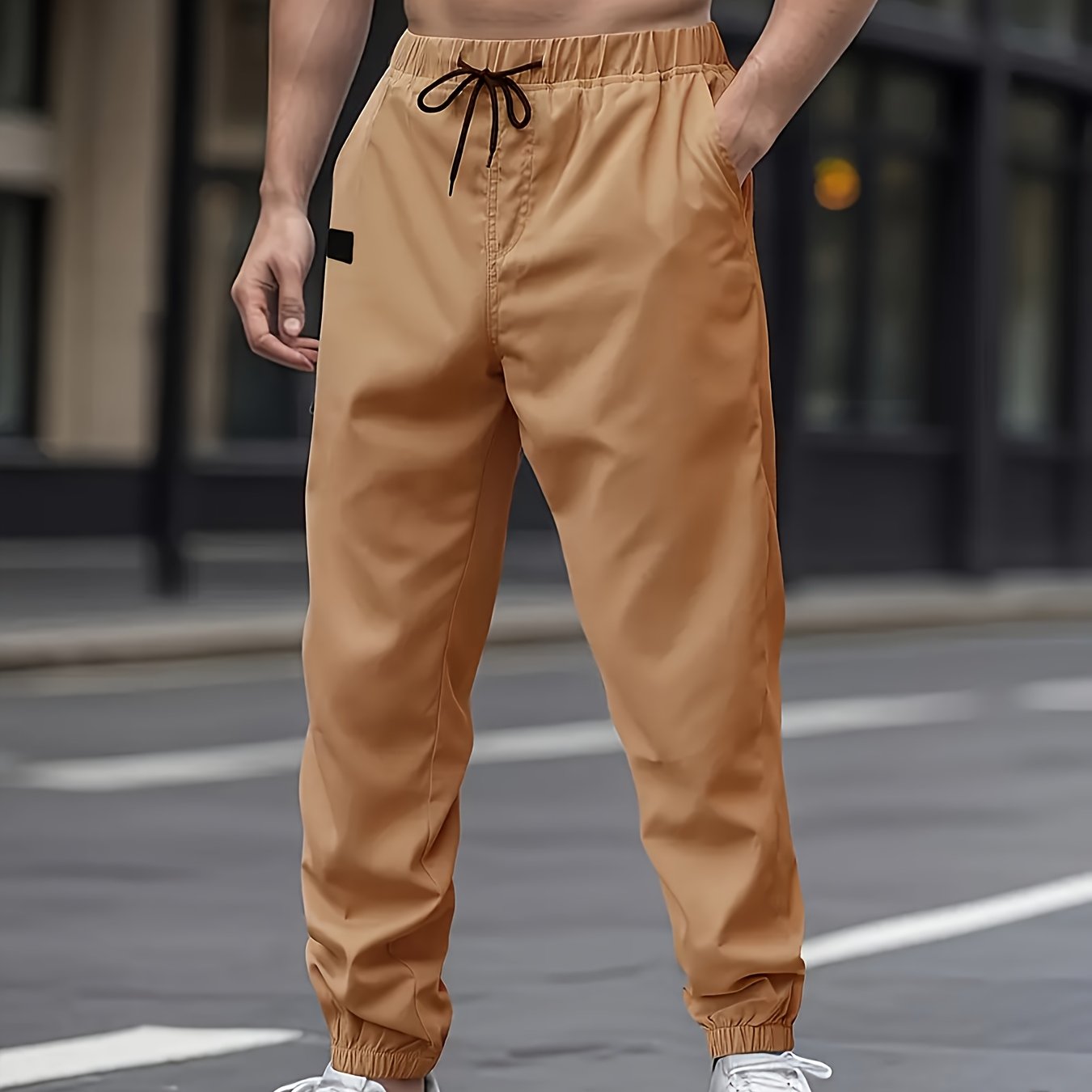 Men's Casual Cargo Pants Non-Stretch Polyester Drawstring Waist Regular Fit Solid Color