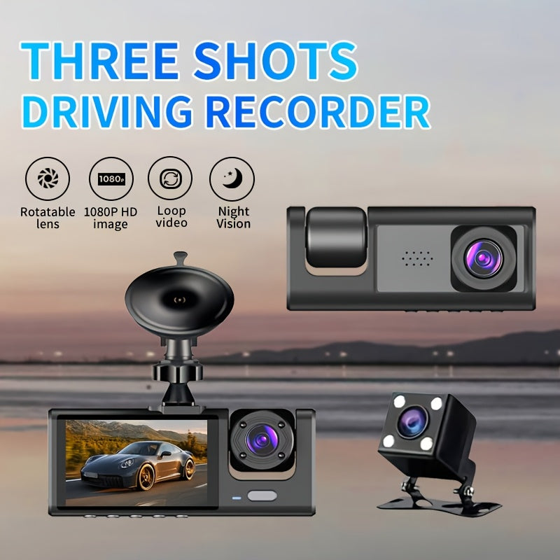 3-Channel Dash Cam with IR Night Vision 1080P HD Front Rear Loop Playback Wide Angle Display