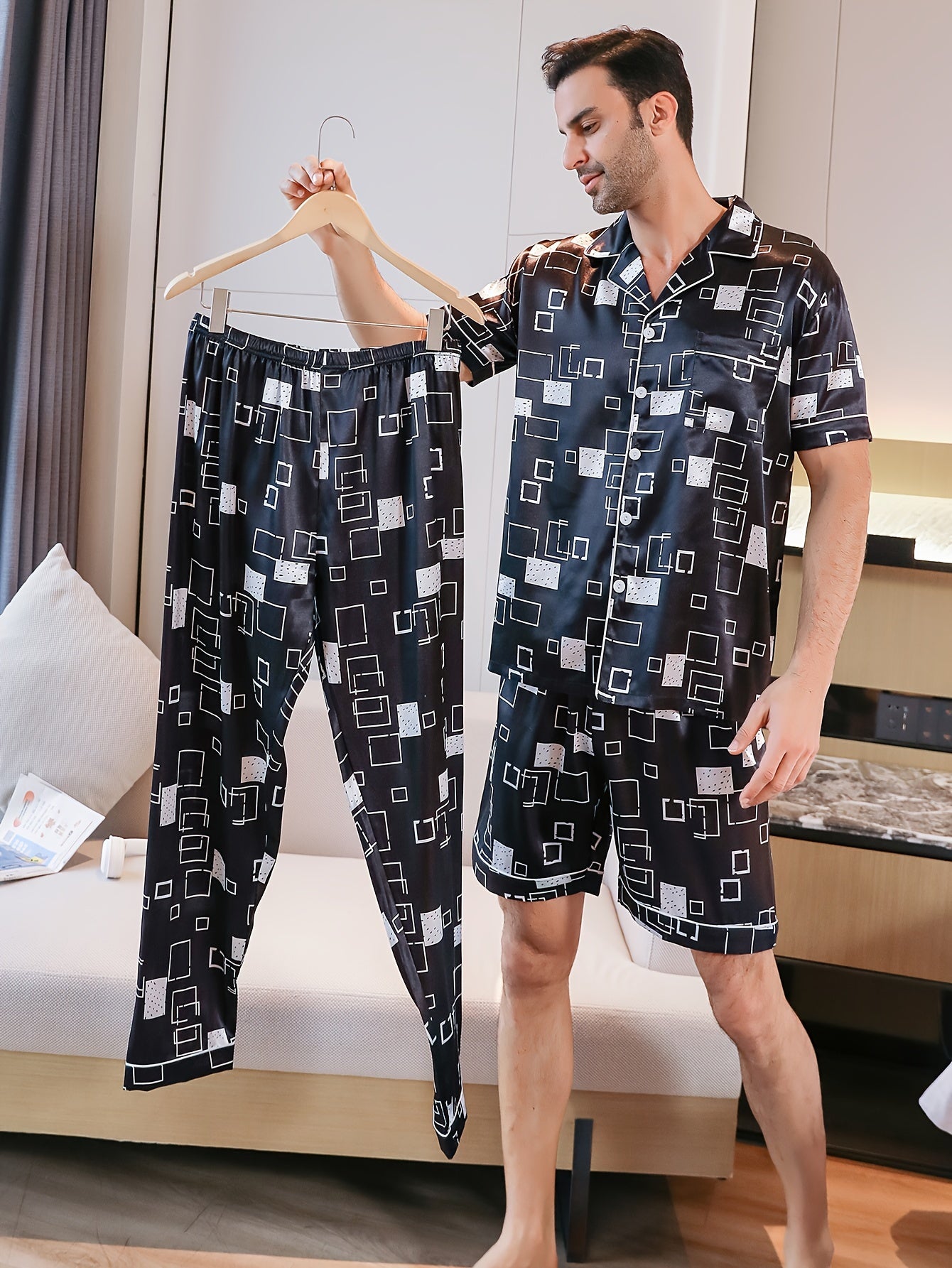Men's Summer Pajama Set Short Sleeve Shorts Long Pants Geometric Print Cotton Blend