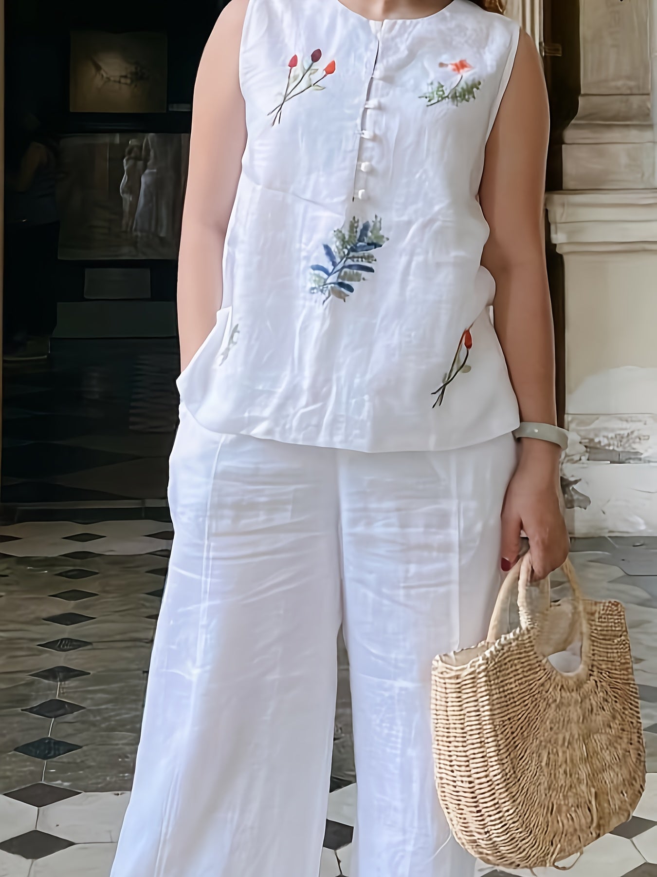 Pantalones de rayón casual con bordado para mujer, color sólido, primavera y otoño