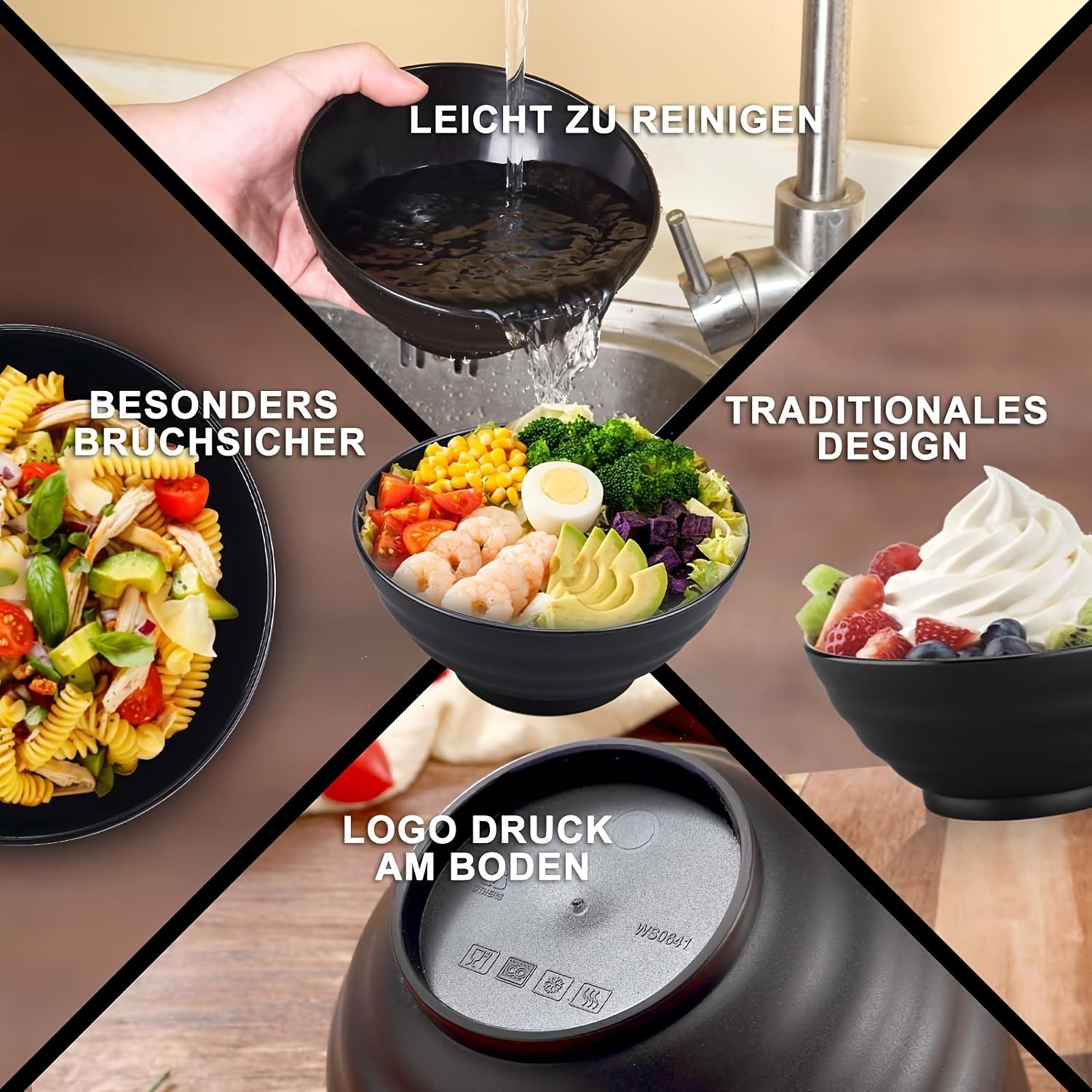 Set of 2 Black Polypropylene Ramen Bowls Microwave Safe Dishwasher Safe with Spoons