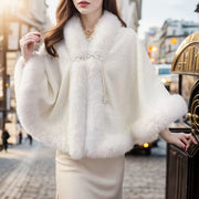 White Faux Fur Cape with Pearl Accents for Winter Elegant Shawl for Formal Occasions