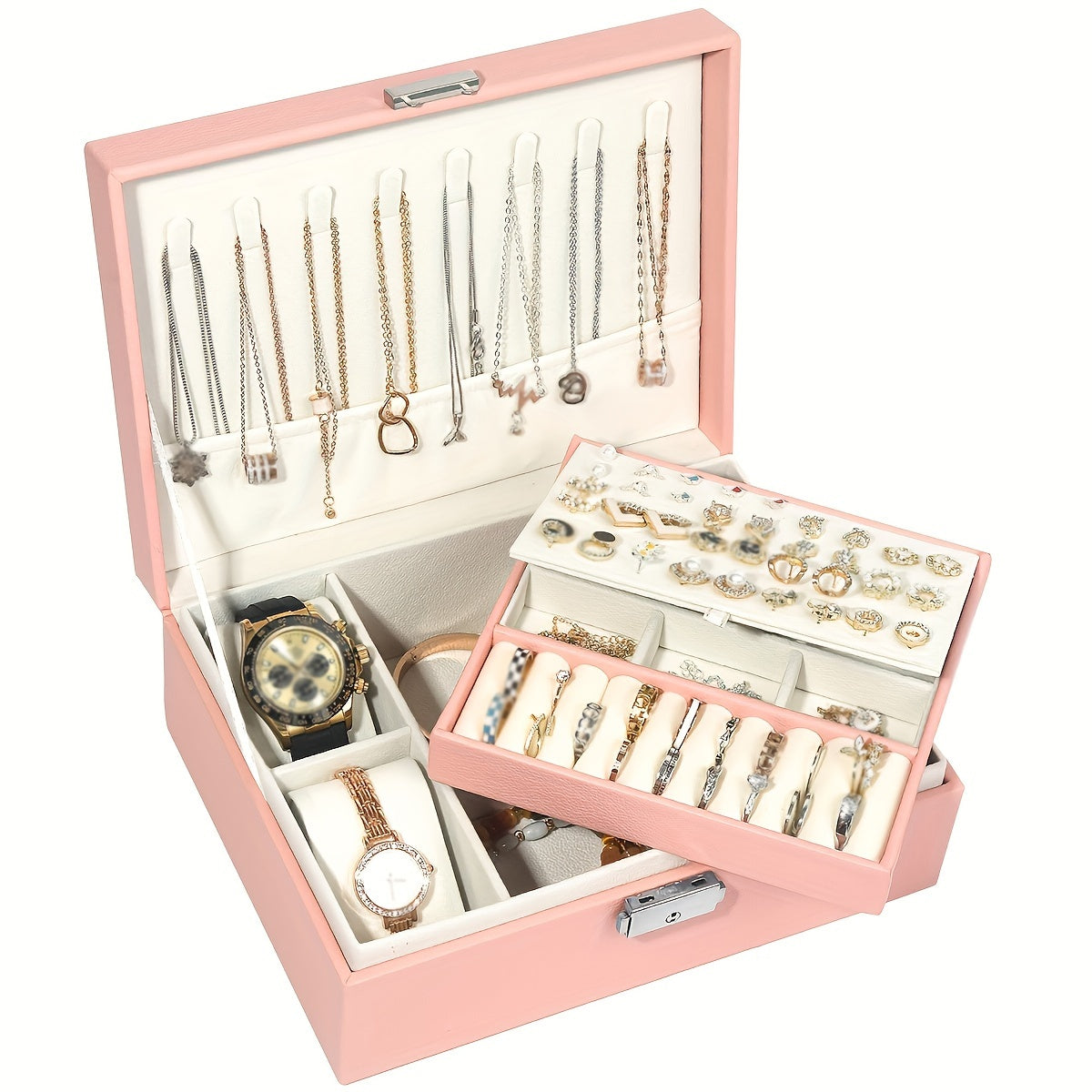 Double Layer Jewelry Box Leather Storage Organizer for Earrings Bracelets Rings Necklaces