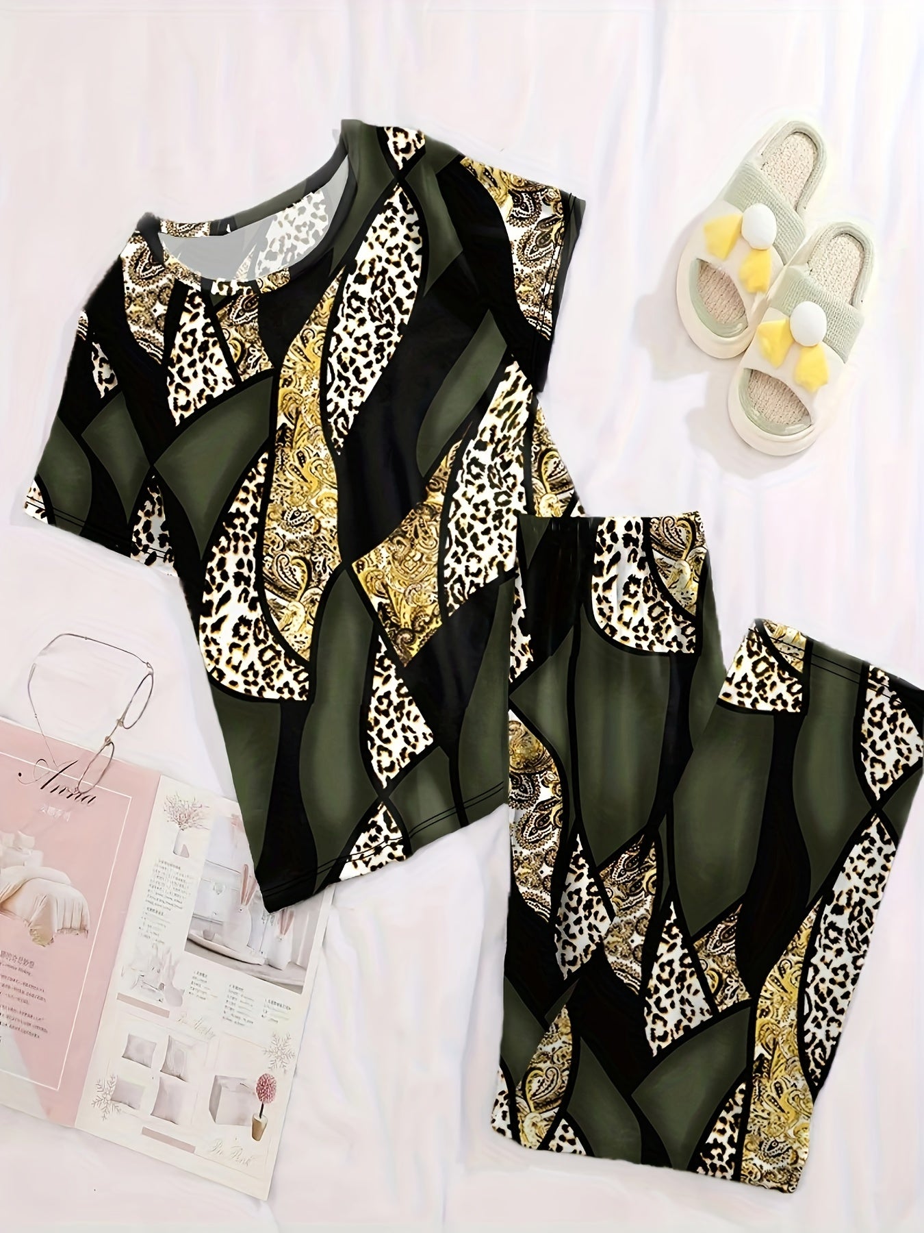 Plus Size Lounge Set Short Sleeve Colorblock Pajamas Leopard Paisley
