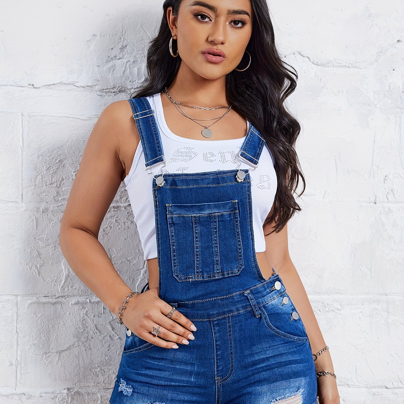 Women Plus Size Denim Ripped Shorts With Elastic Waistband