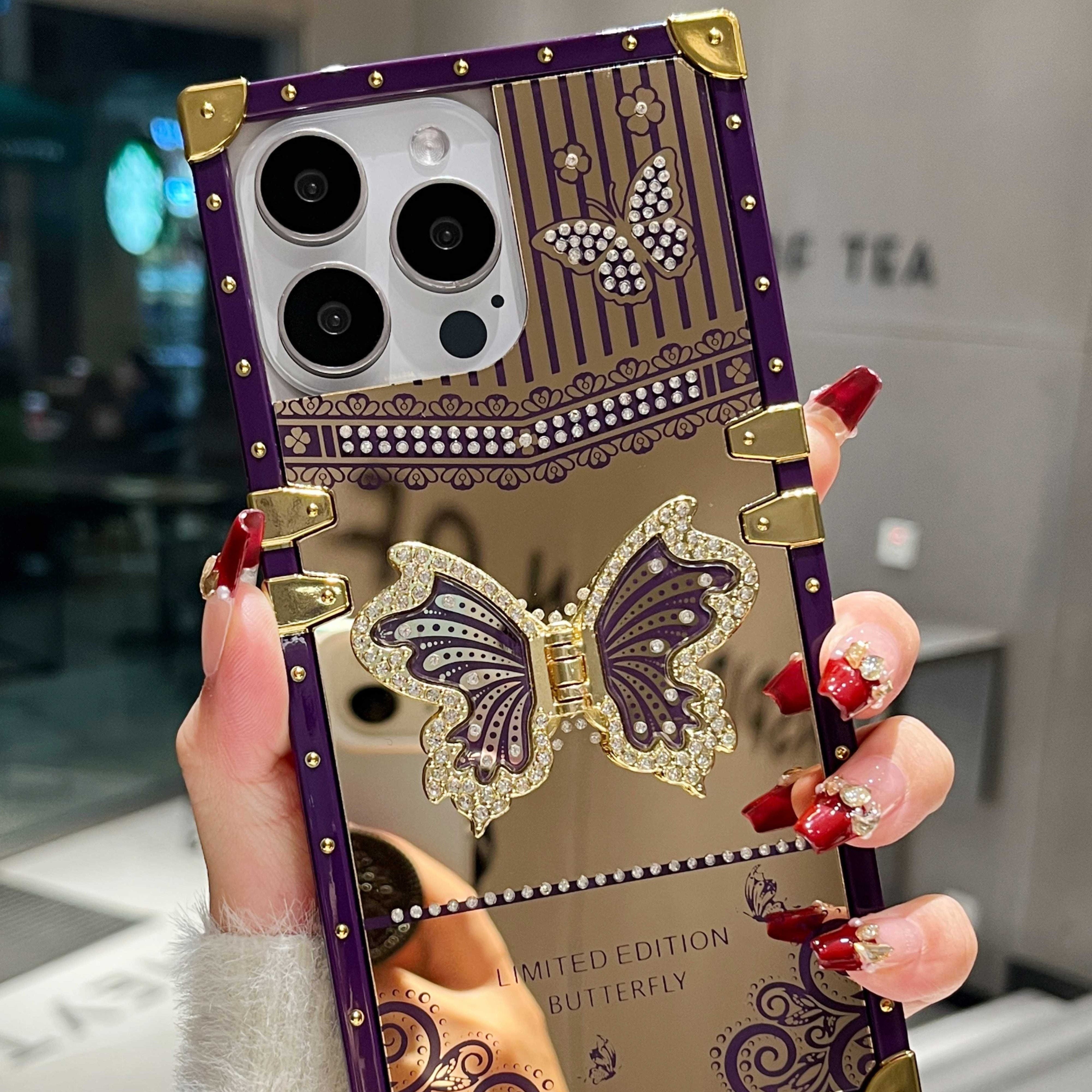 Gold-Plated Butterfly Stand Phone Case for iPhone 16 Pro Max/15/14/13 Pro Max with Holder and Elegant Design