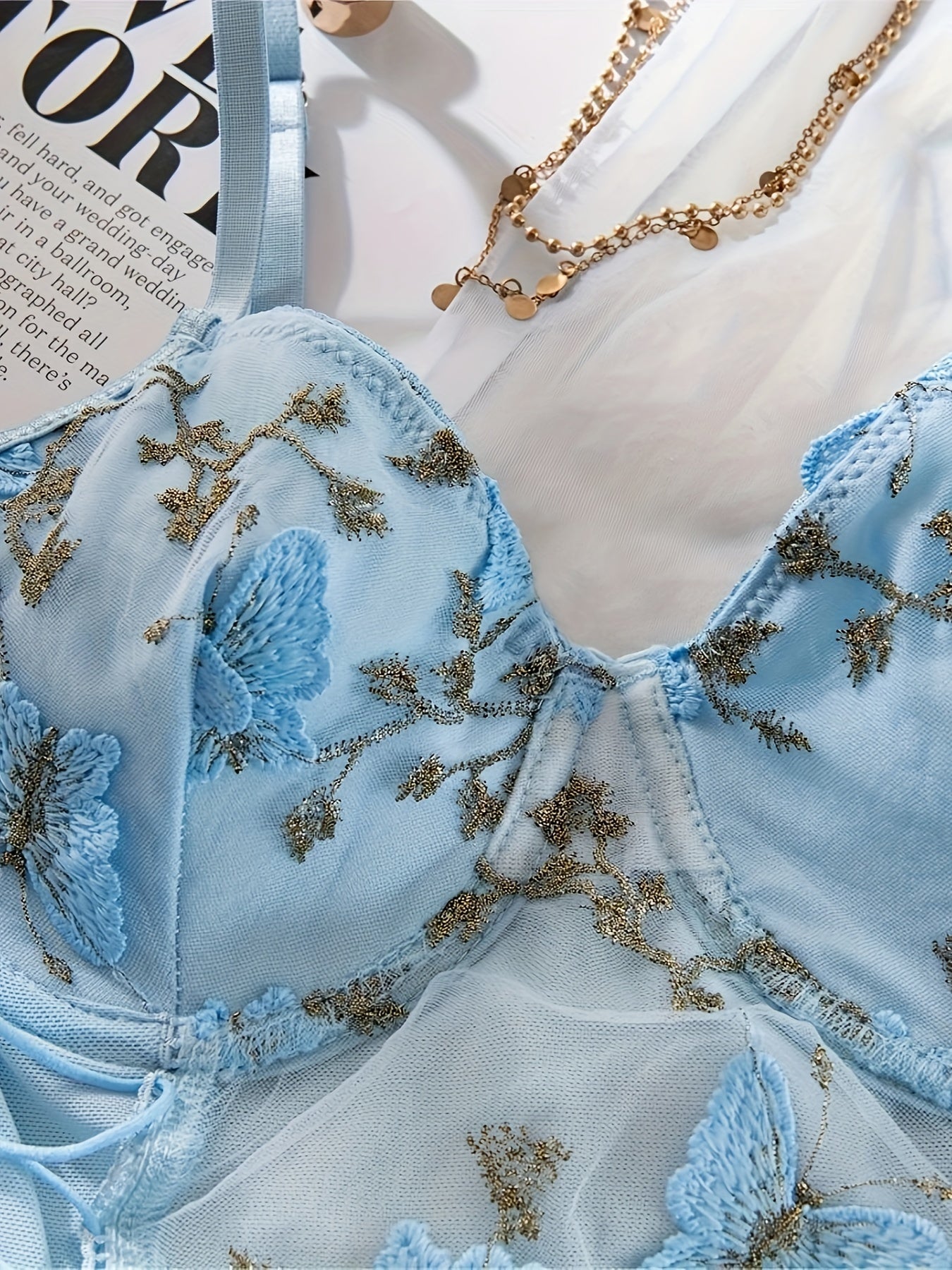 Women’s Sheer Mesh Embroidered Butterfly Bra Top with Steel Ring Detail