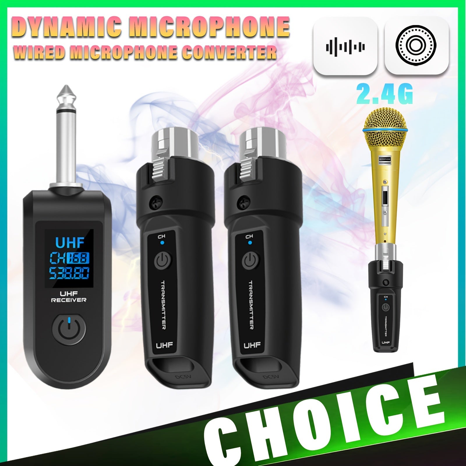 Wireless Microphone Adapter for Guitar Mixer PA System with USB-C Charging and 2.4GHz Display