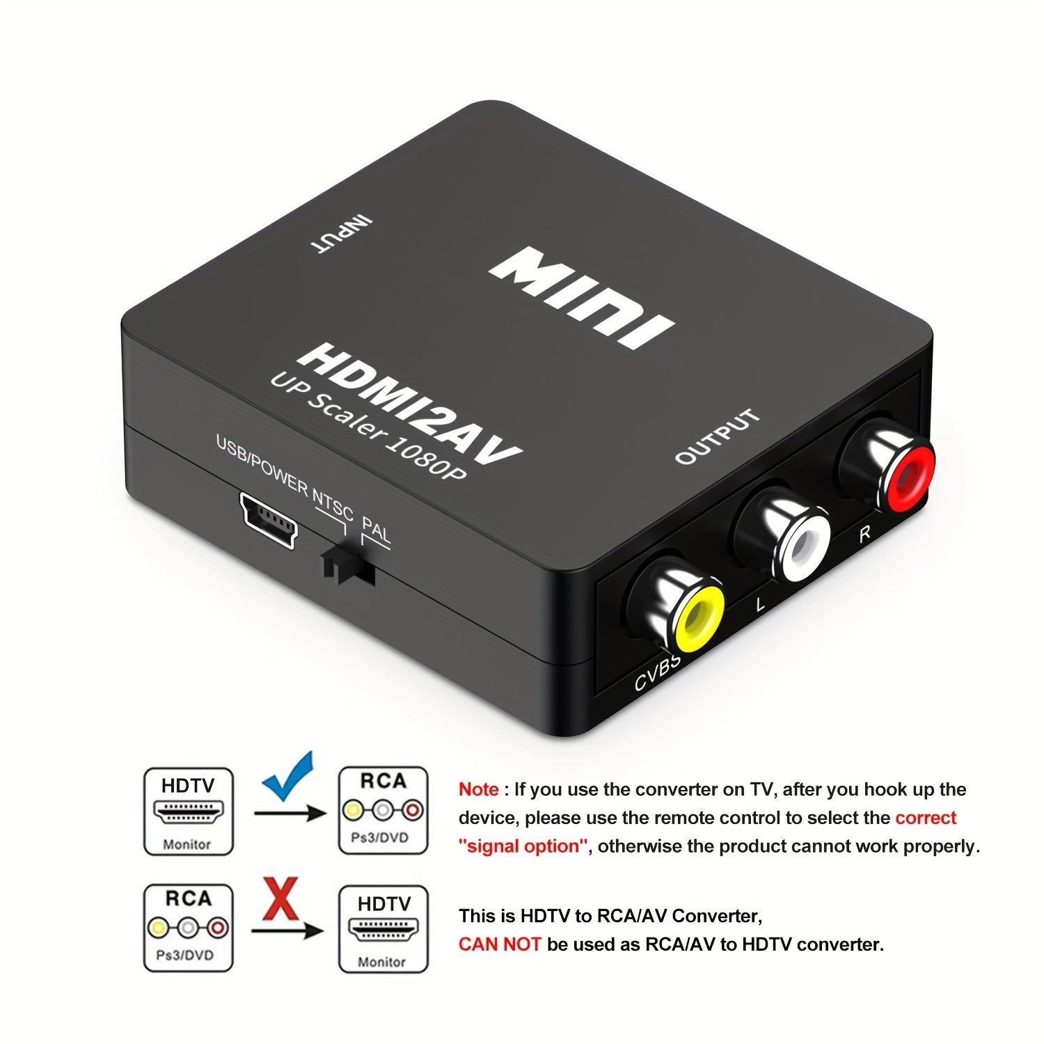 HDTV to RCA Converter for TV Stick Roku Android TV DVD PAL NTSC Support