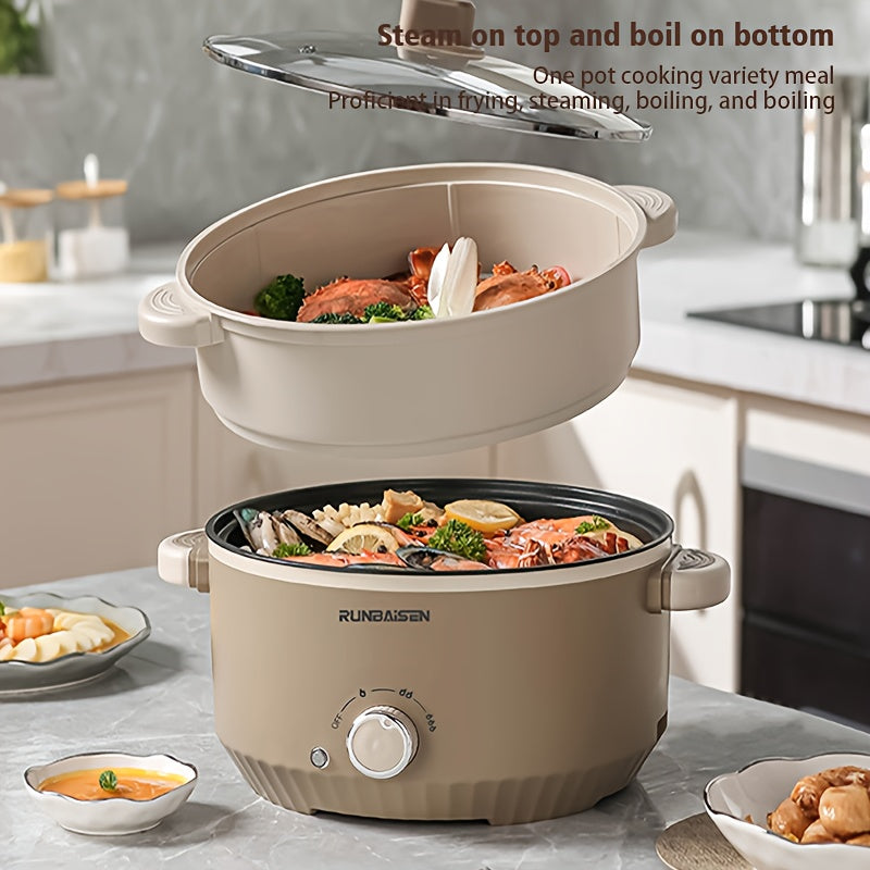 Ikkita qatlamli elektr ovqat pishirish qozoni, uy, RV, yotoqxonalarda foydalanish uchun bug'lash panjarasi bilan, yopishqoq bo'lmagan qovurish panasi va bug'lagich sifatida funksiyalari mavjud.