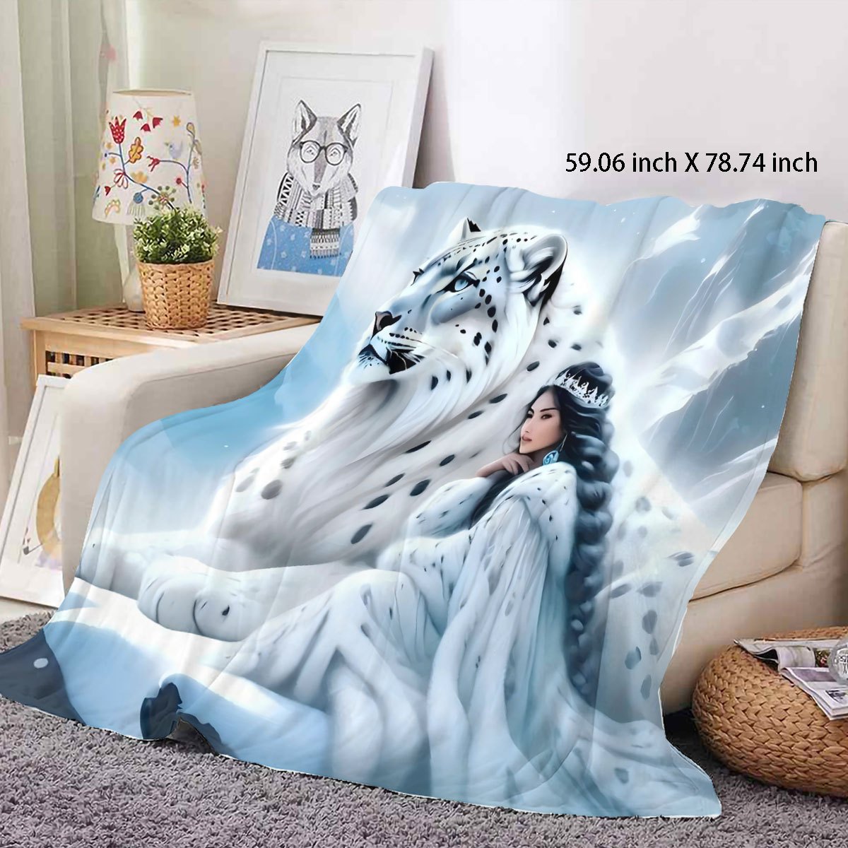 Leopard and Woman Design Flannel Fleece Blanket Hypoallergenic Washable Polyester Bedding for Living Room Couch All-Season Gift