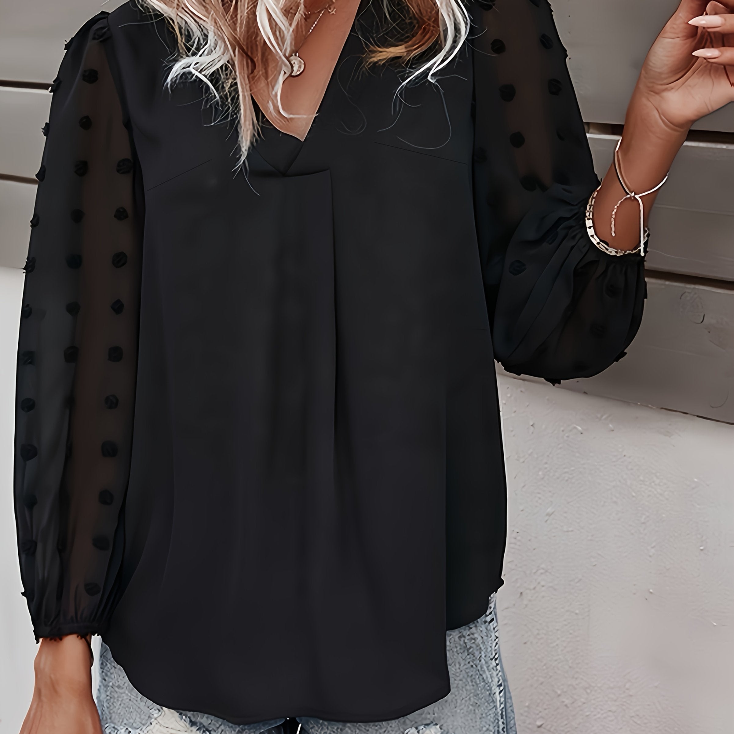 Plus Size Women's V-Neck Blouse Long Sleeve Yellow Casual Top