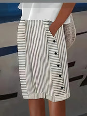 Women's High-Waist Striped Casual Shorts with Pockets Non-Stretch Polyester