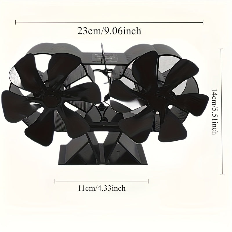 12-Blade Metal Fireplace Fan Dual Heads Portable Air Circulation No Electricity