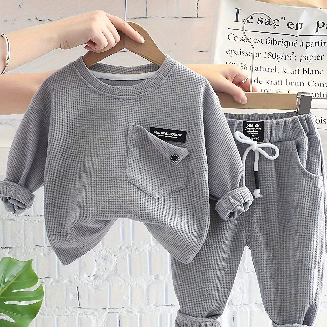Baby Boy's Waffle Texture Casual Set Includes Long Sleeve Top and Pants for Spring Fall Outdoor Wear