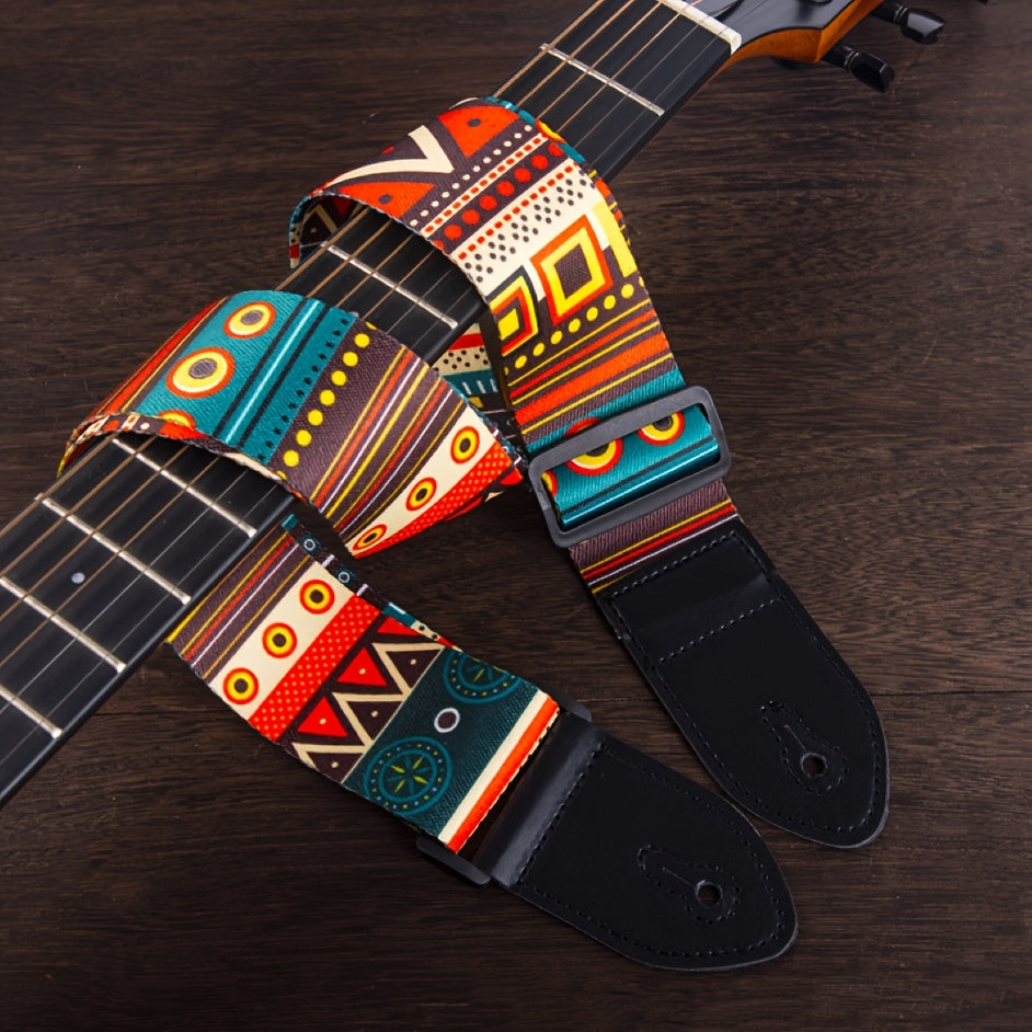 Correa de guitarra de cuero sintético ajustable con patrón vibrante en rosa, amarillo y negro para guitarra acústica, eléctrica y bajo